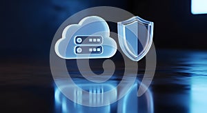 Cloud computing security shield digital data protection futuristic tech