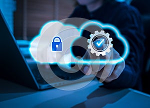 Cloud computing security technology concept with user accessing secure cloud system.