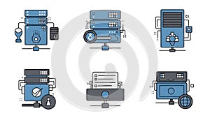 Cloud Computing and Server Infrastructure Flat Icon Set for Data Management, Web Hosting, Networking, and Database Storage