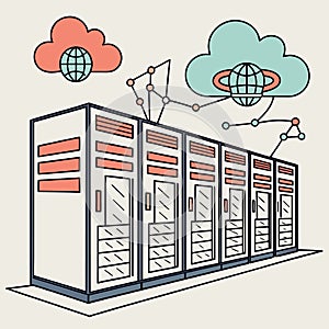 Cloud computing server rack network connection illustration
