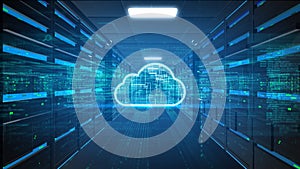 Cloud computing server room with digital data transfer, virtual cloud storage, and futuristic IT infrastructure for big data and