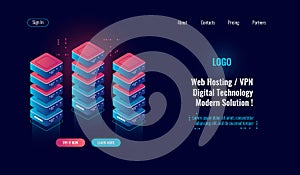 Cloud computing, server room rack isometric icon, big data processing, database data center, blockchain concept dark