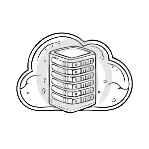 Cloud computing server stack icon in doodle style with outline graphic