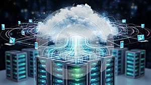 Cloud computing servers connected to a central cloud with data streams data center