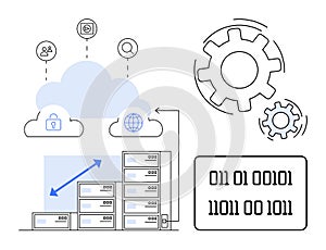 Cloud Computing Concept with Servers, Data Storage, Binary Code, and System Icons for Digital Technology