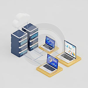 Cloud computing servers and laptops isolated on white background