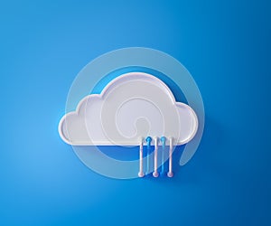 Cloud computing service, cloud data storage technology hosting concept. white cloud with cables on blue background. 3D render