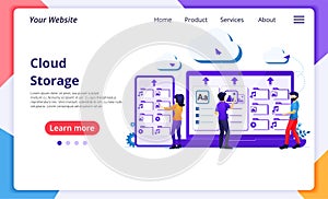 Cloud computing service concept, people work on giant devices, cloud storage, data center. Modern flat web page design for website