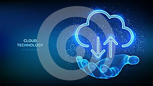 Cloud computing service. Cloud icon in wireframe hand. Secure Cloud Storage. Database storage, Data center. Upload download app.