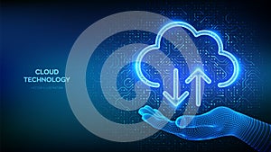 Cloud computing service. Cloud icon in wireframe hand. Secure Cloud Storage. Database storage, Data center. Upload download app.