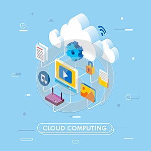 Cloud computing service technology and data storage isometric 3d illustration vector