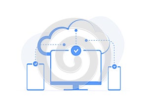Cloud Computing Services concept. Online data storage solution - cloud server connected to multiple gadgets, computer