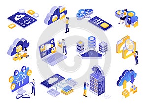 Cloud computing services elements set in isometric style