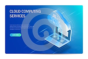 Cloud Computing Services Isometric Concept. The process of synchronizing files with a laptop. Web site template. Blue