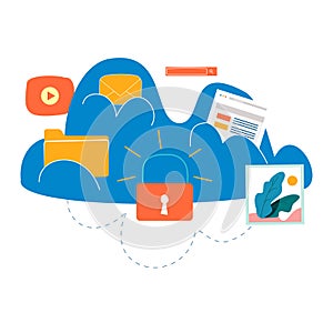 Cloud computing services and technology, secure data storage flat vector illustration. Network data storage protection design for