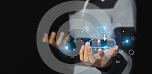 cloud computing shown in hand cloud technology data storage, data transfer, network