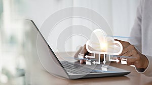 cloud computing shown in hand cloud technology data storage, data transfer, network