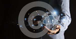 cloud computing shown in hand cloud technology data storage, data transfer, network and internet service concept