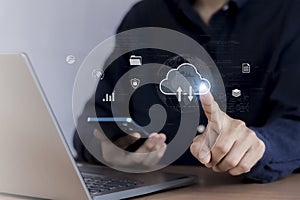 cloud computing shown in hand cloud technology data storage, data transfer, network and internet service concept