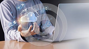 cloud computing shown in hand cloud technology data storage, data transfer, network and internet service concept