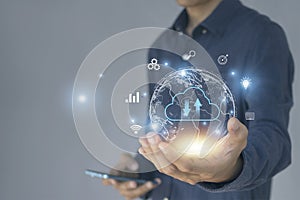 cloud computing shown in hand cloud technology data storage, data transfer, network and internet service conceptology