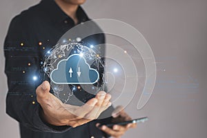 cloud computing shown in hand cloud technology data storage, data transfer, network and internet service conceptology