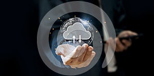 cloud computing shown in hand cloud technology data storage, data transfer, network and internet service concept, internet storage
