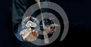 cloud computing shown in hand cloud technology data storage, data transfer, network and internet service concept, internet storage