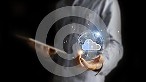 cloud computing shown in hand cloud technology data storage, data transfer, network and internet service concept, internet storage