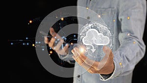 cloud computing shown in hand cloud technology data storage, data transfer, network and internet service concept, internet storage