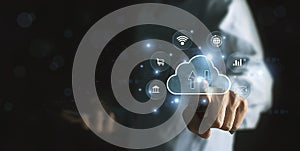 cloud computing shown in hand cloud technology data storage, data transfer, network and internet service concept