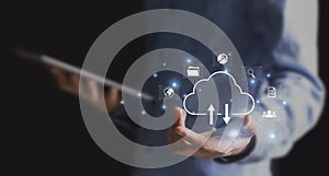 cloud computing shown in hand cloud technology data storage, data transfer, network and internet service concept, internet storage