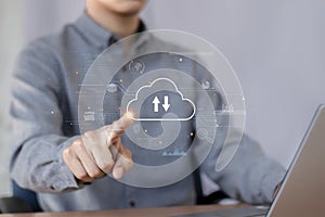 cloud computing shown in hand cloud technology data storage, data transfer, network and internet service concept