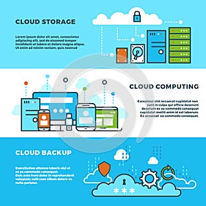 Cloud computing solution, data storage business services, information technology vector banners set