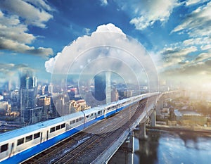 cloud computing with a speeding train on a city background