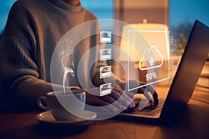 Cloud computing concept with woman at computer and digital cloud upload illustration