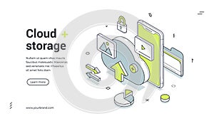 Cloud computing storage backup technology isometric web banner design template vector