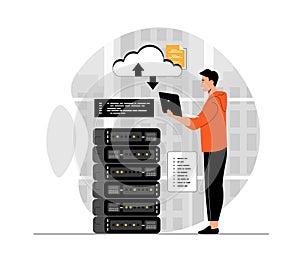 Cloud computing, storage concept. Man developer working at laptop, coding and programming using wireless cloud