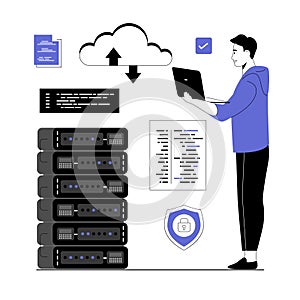 Cloud computing, storage concept. Man developer working at laptop, coding and programming using wireless cloud technology