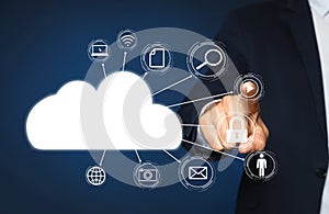 Cloud computing and storage. Man pointing at virtual icon on blue background, closeup