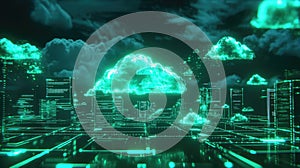 Cloud computing storing digital data in futuristic city network