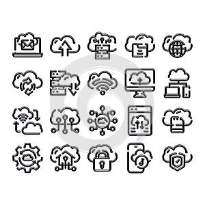 Cloud computing storing and transferring digital data icons