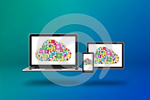 Cloud computing symbol and icons on a computer set