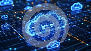 Cloud computing system blue glow technology advanced digital cloud system network with blue glow