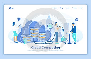 Cloud computing and system resources, data storage, hosting, connection. 3d servers in a big cloud. Users work with a cloud servic