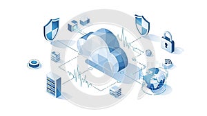 A cloud computing system with various security icons and a global network connection