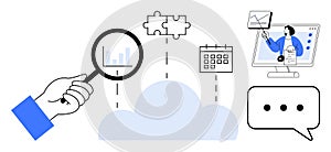 Cloud Computing Concept with Data Analysis, Collaboration Tools, and Communication Elements