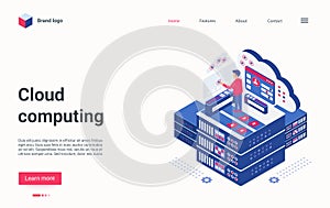 Cloud computing tech concept isometric landing page, admin working on server host center