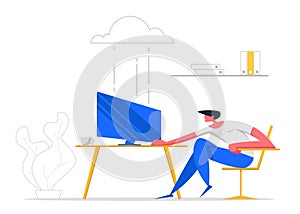 Cloud Computing Technologies Concept. Man Character Working with Computer Using Wireless Connection Service