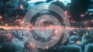 Digital Cityscape Above Clouds Futuristic Neon Lights Abstract Design Background art data urban